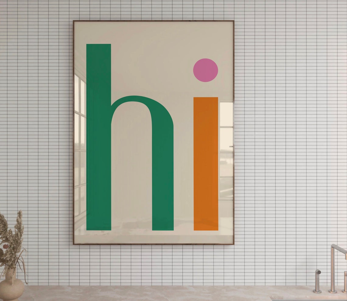 Hi Green Orange Minimalist Typography Greeting Poster Retro Wall
