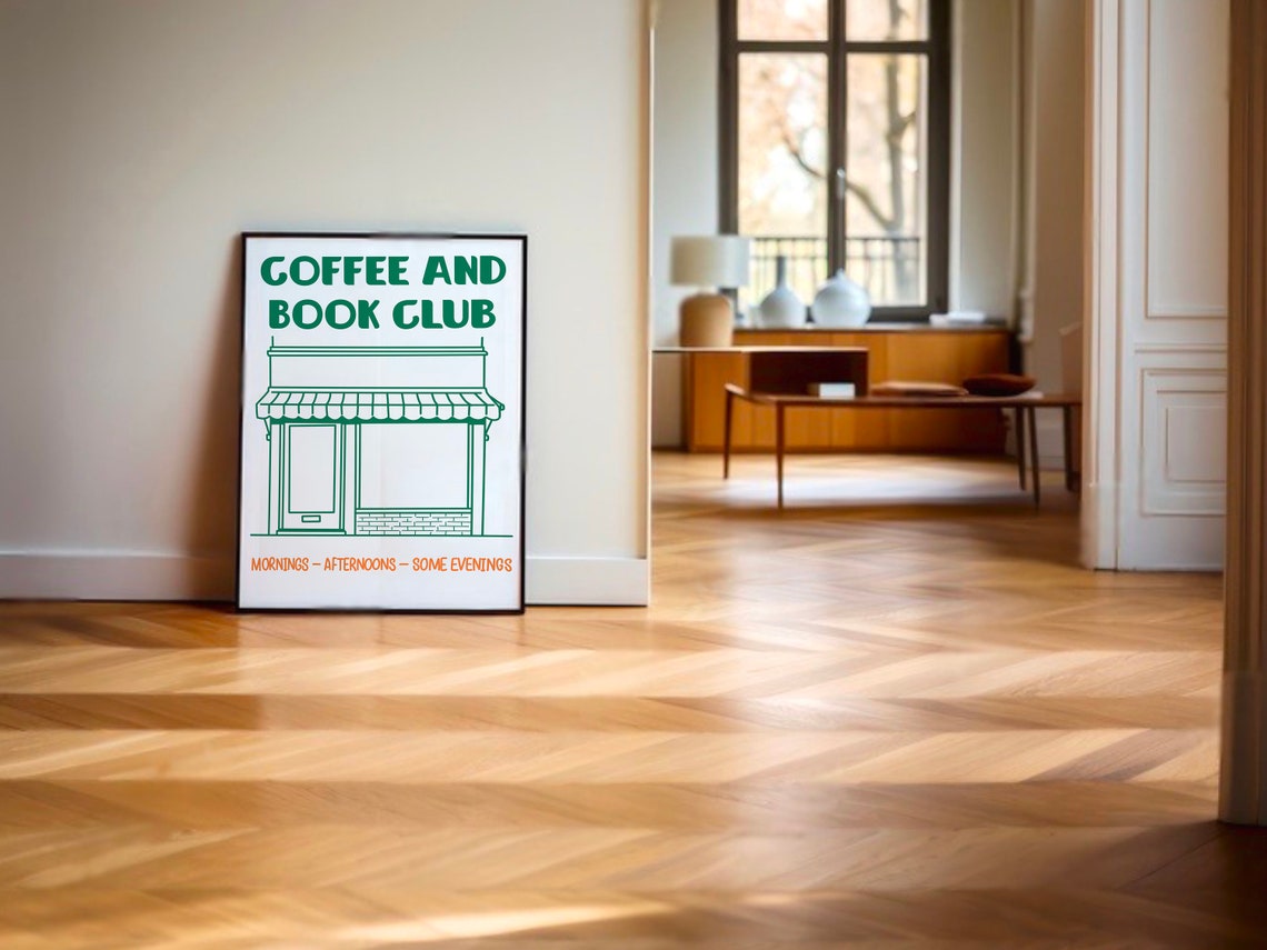 Coffee and Book Club Green Storefront Vintage Retro Kitchen Poster