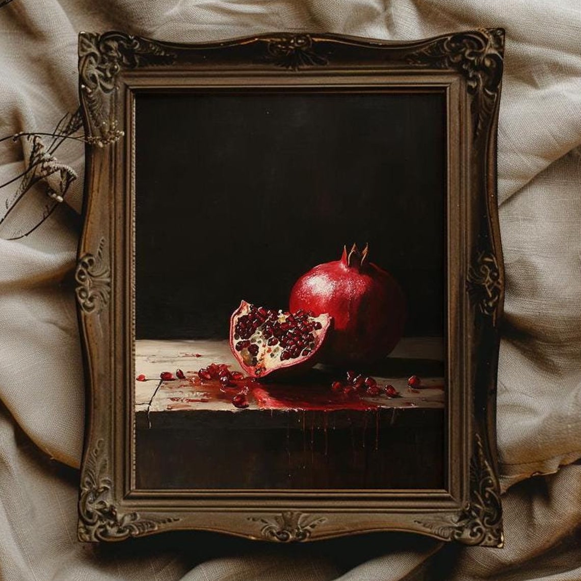 Dark Pomegranate Still Life with Seeds Moody Kitchen Art Poster