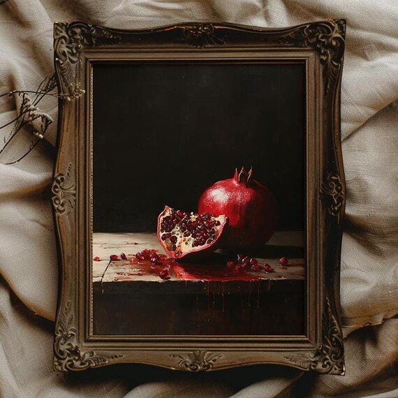 Pomegranate Dark Academia Kitchen Wall Art Fruit Oil Painting Moody Wall Art For Kitchen Decor Moody Fruit Art Dark Pomegranate