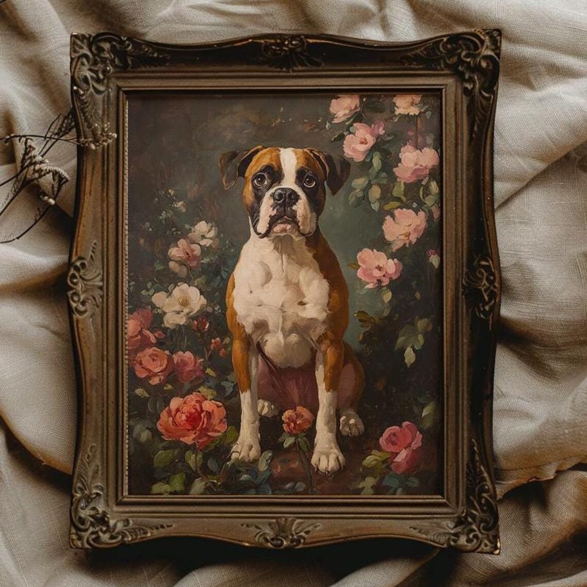 Boxer Dog Sitting Among Pink Roses Floral Portrait Art Poster