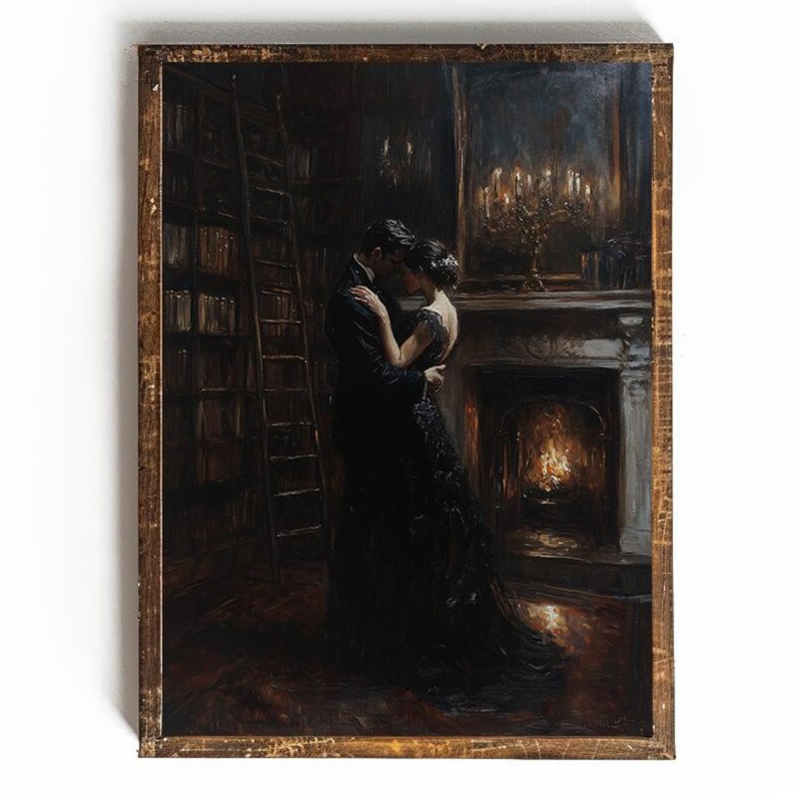 Romantic Couple Embracing in a Candlelit Library by Fireplace Poster