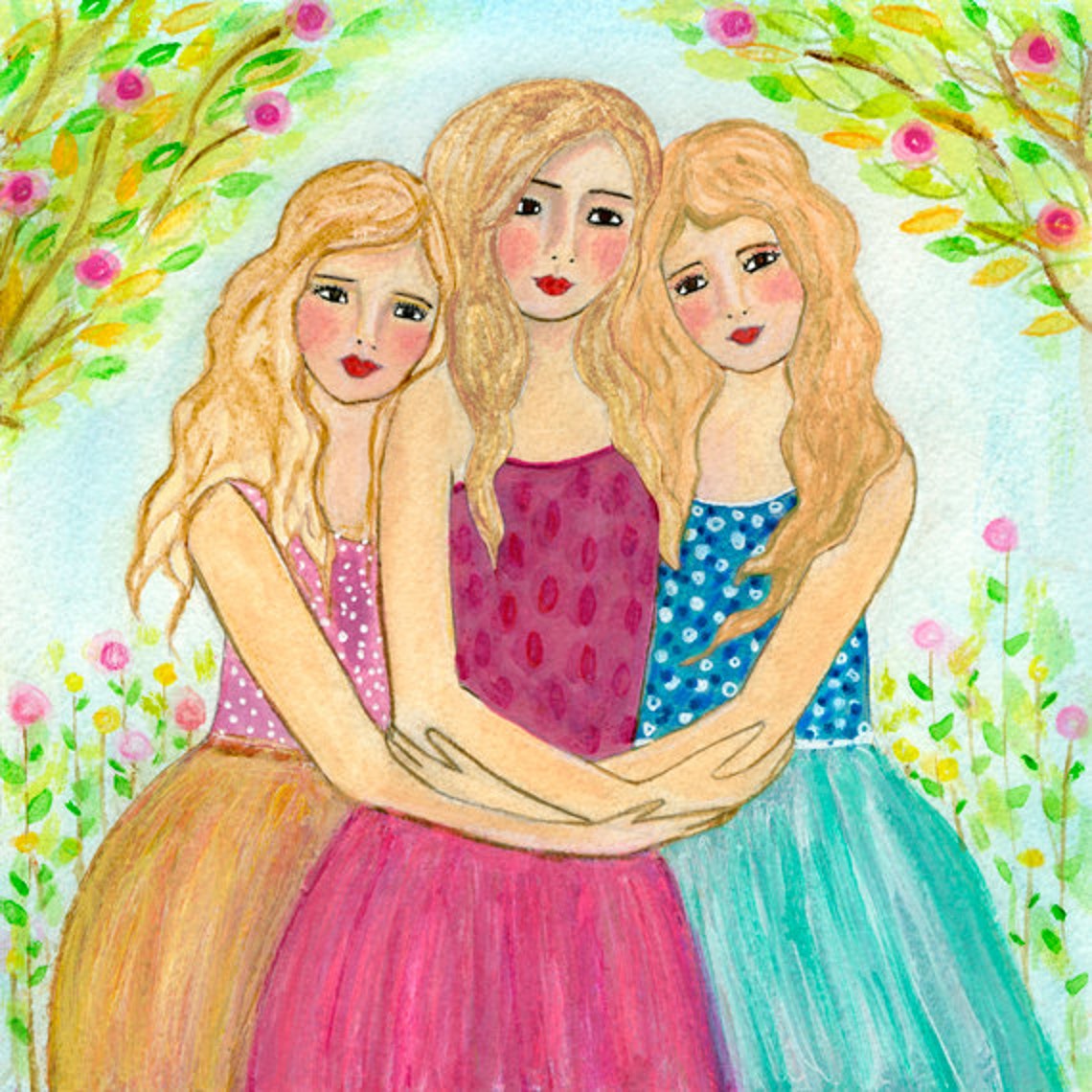 Three Blonde Sisters Hugging under a Flowering Tree Art Poster