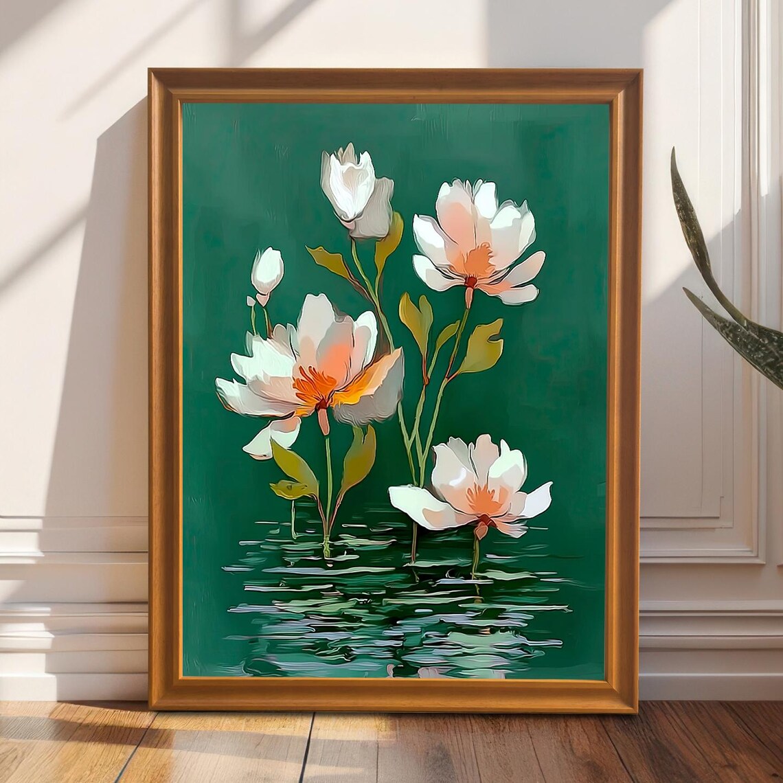 White Orange Water Lily Flowers, Botanical Art Print