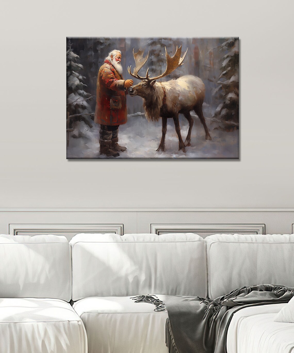 Santa Claus Feeding Reindeer Snowy Forest Vintage Oil Painting Print - Image 3