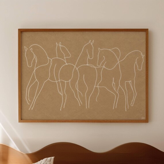 Minimalist Abstract Horse Figure Line Drawing Print Horizontal Contemporary Beige Neutral Wall Art Handdrawn Mid Century Equestrian Poster