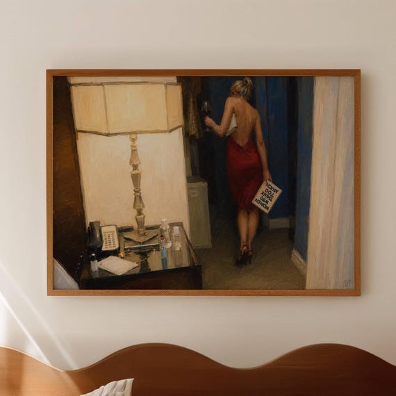 Women Who Think Too Much Oil Painting Print Horizontal Contemporary Figurative Woman With Wine Wall Art Handdrawn Mid Century Retro Poster