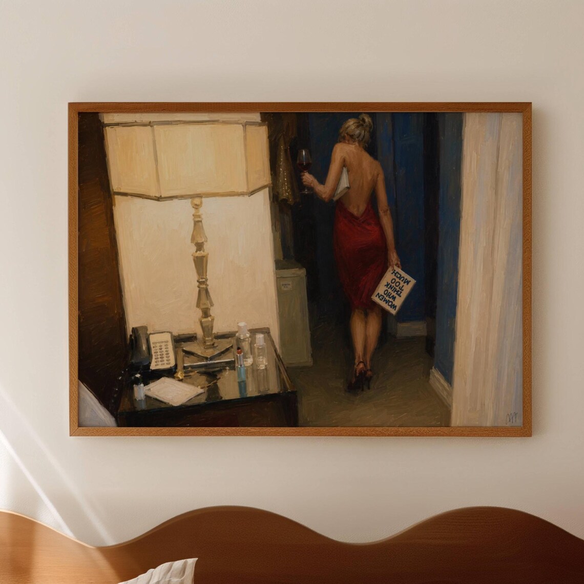 Woman in Red Dress With Wine Glass Moody Hotel Room Oil Painting Poster