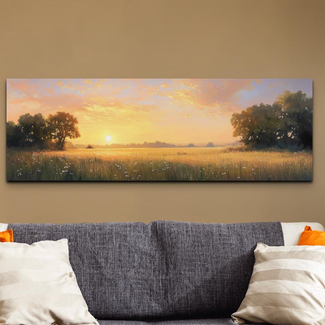 Sun Setting Over Golden Meadow Wildflowers Panoramic Oil Poster