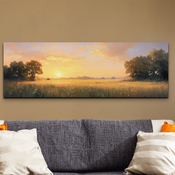 Wildflowers In Sunshine Wildflowers Field Landscape Wall Art Panoramic Moody Wall Art Dark Floral Landscape Painting Above Bed Decor