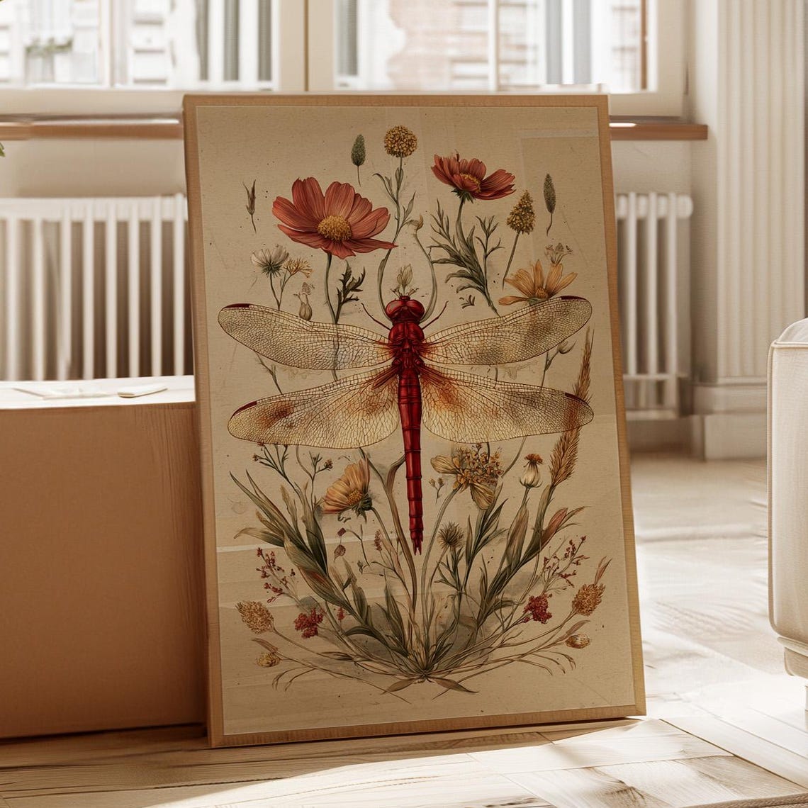 Red Dragonfly Wildflowers Vintage Botanical Study Art Poster
