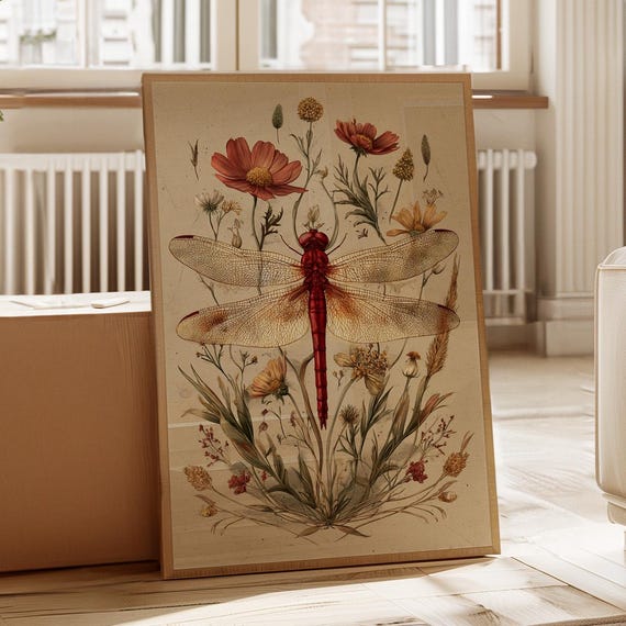 Vintage Red Dragonfly Canvas Wall Art With Wildflowers Botanical Nature Illustration Print Rustic Boho Insect Artwork For Home Dcor