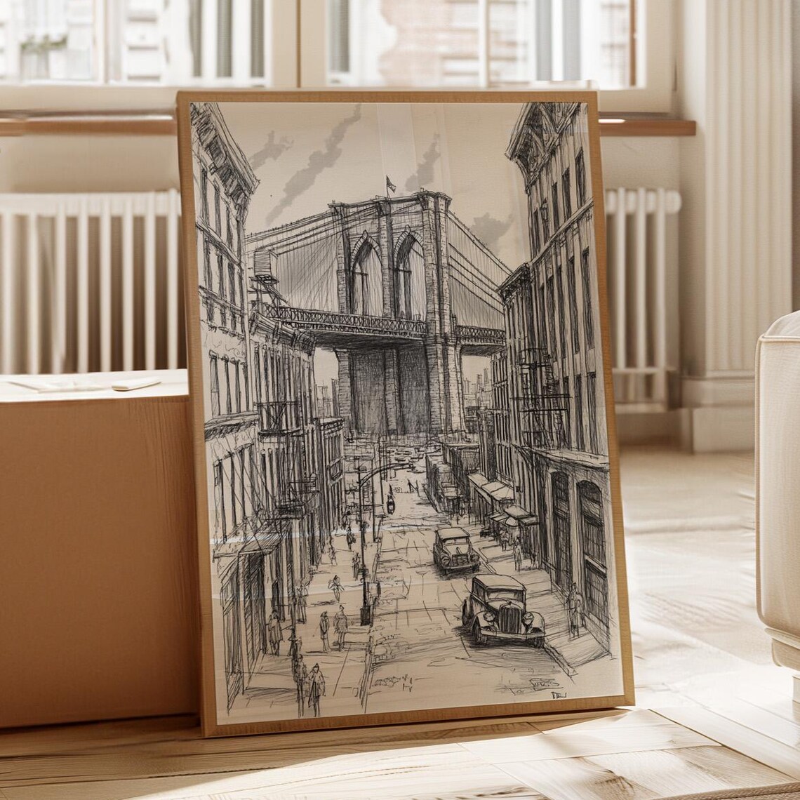 Brooklyn Bridge Ink Sketch With Classic Cars And City Street Poster