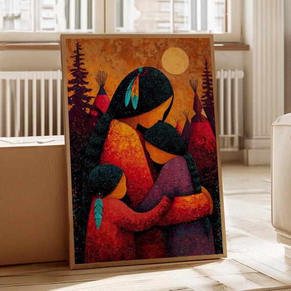 Native Family Embrace Spiritual Sunset Wall Art