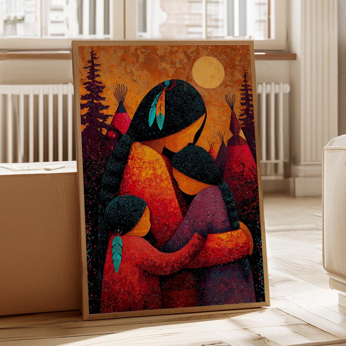Native Family Embrace Warm Sunset Mother Children Art Poster