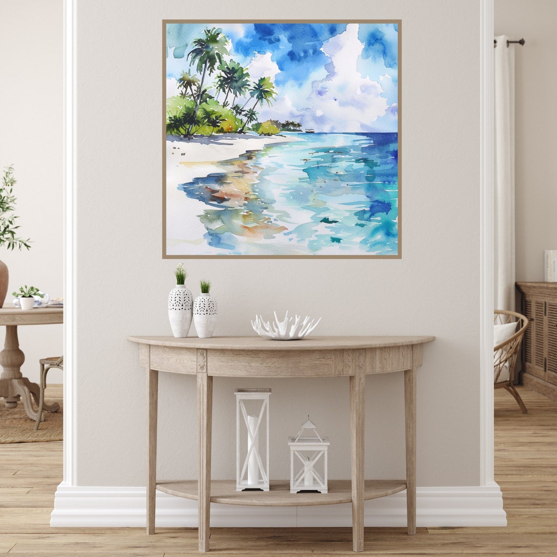Maldives Island Beach Palm Trees Turquoise Lagoon Watercolor Wall Art