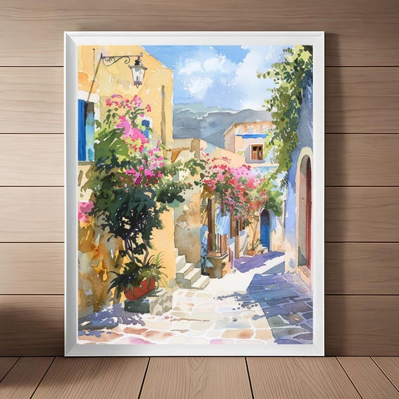 Crete Greece Streetscape Travel Poster, Watercolor
