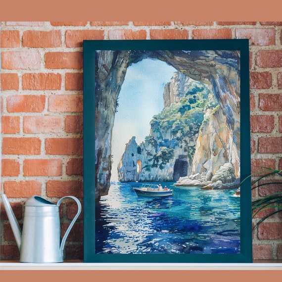 Capri Blue Grotto Watercolor Art Print, Italy Travel