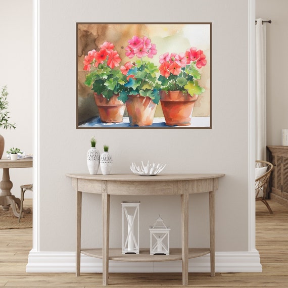 Watercolor Geranium Pots Art Print, Floral Garden Study