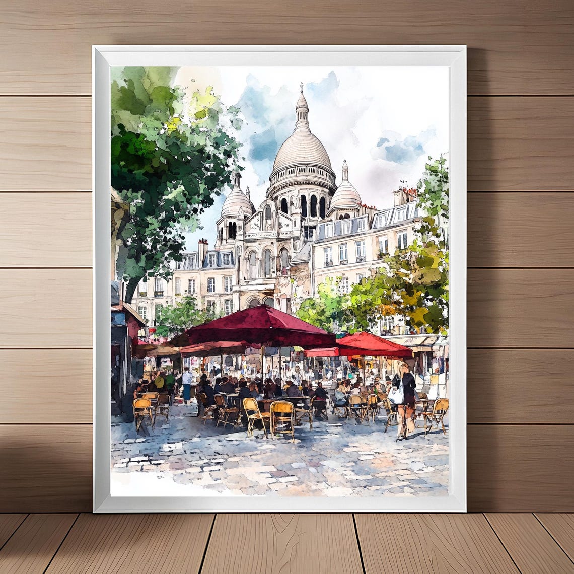 Montmartre Art Paris Watercolor Painting Sacre Coeur Basilica France Cityscape Wall Art Place Du Tertre Travel Poster Gift