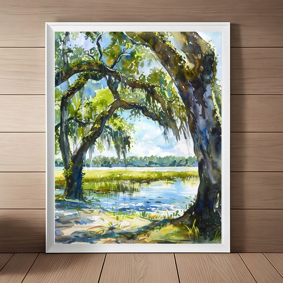 Charleston Watercolor Art Print, Oak Trees With Spanish Moss
