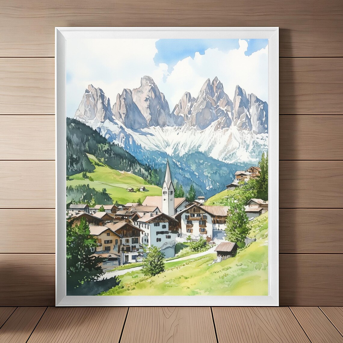 Dolomites Alpine Village Church Mountain Watercolor Italy Art Poster
