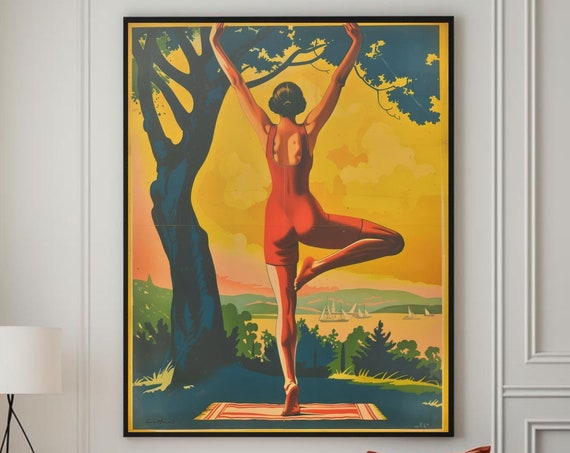 Retro Yoga Sun Salutation Art Print, Yoga Decor