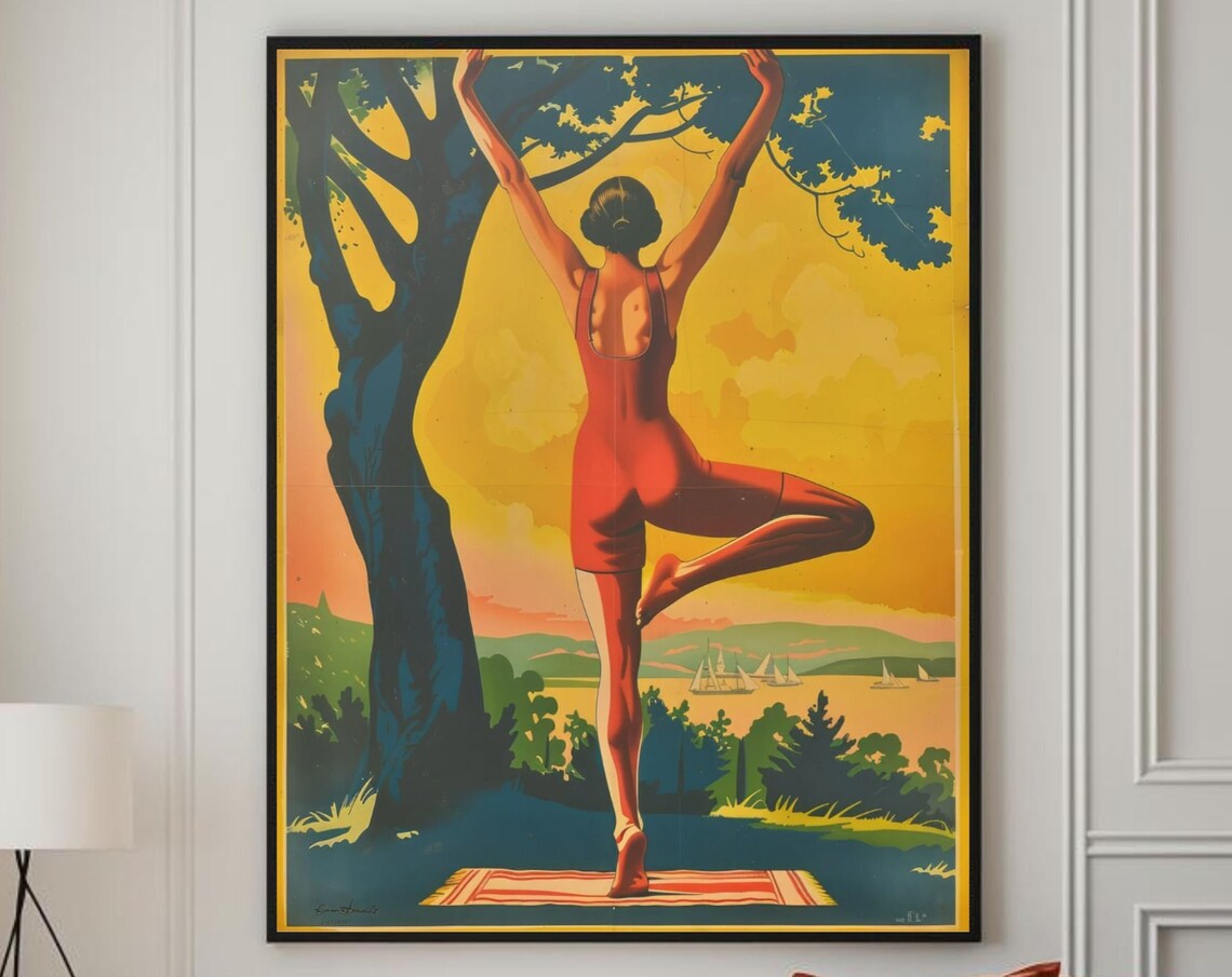 Retro Yoga Sun Salutation Art Print, Yoga Decor