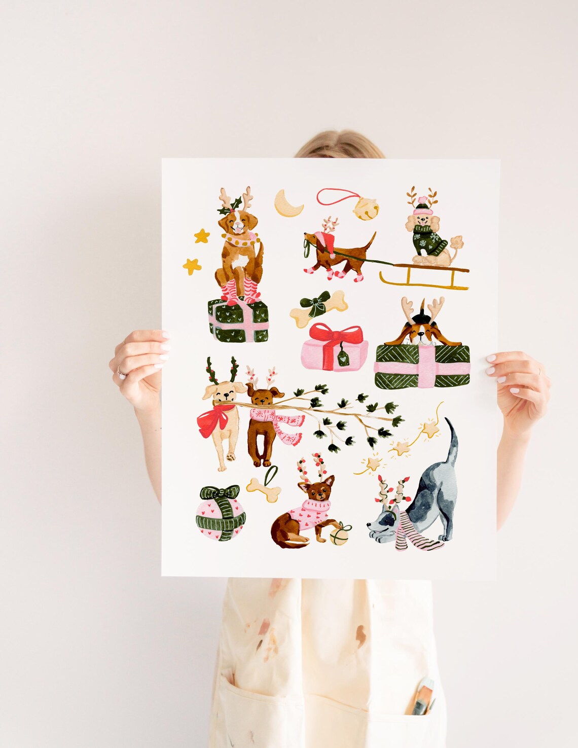 Christmas Dogs Watercolor Art Print, Holiday Decor - Image 3