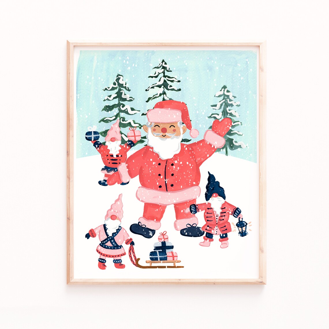 Santa and Gnomes Christmas Holiday Art Print