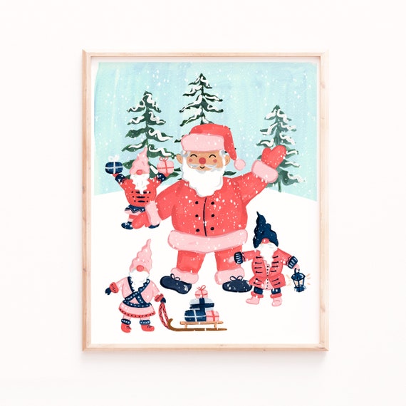Santa and Gnomes Christmas Holiday Art Print