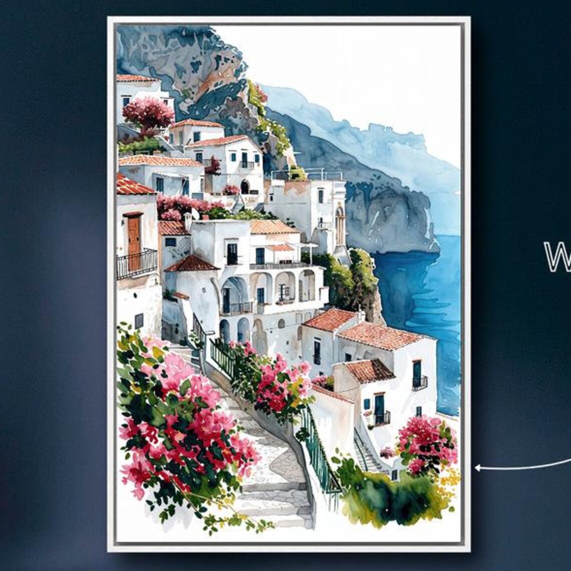 Amalfi Coast Watercolor Art Print, Italian Village