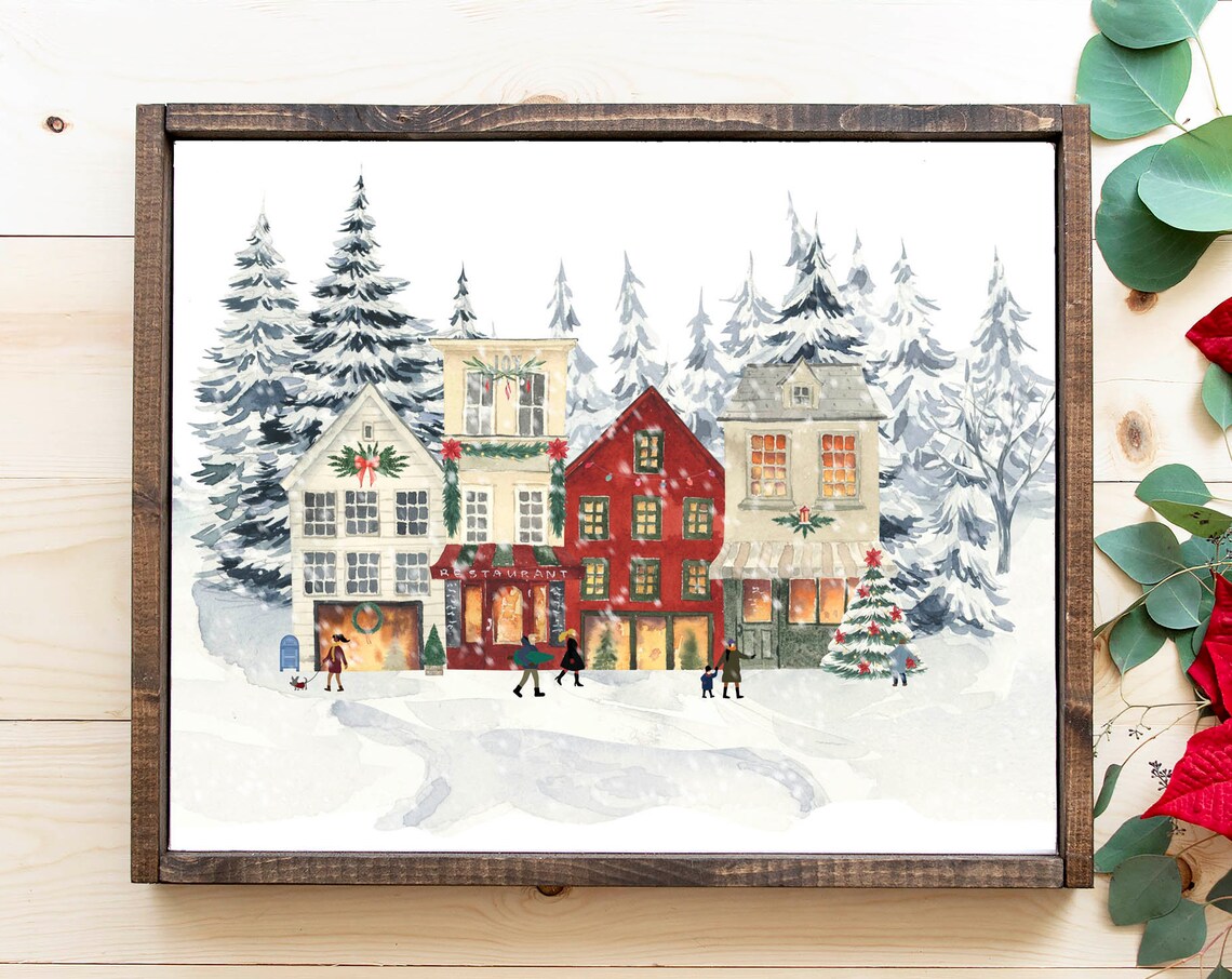 Snowy Christmas Village Street Shops Watercolor Holiday Poster - Image 3