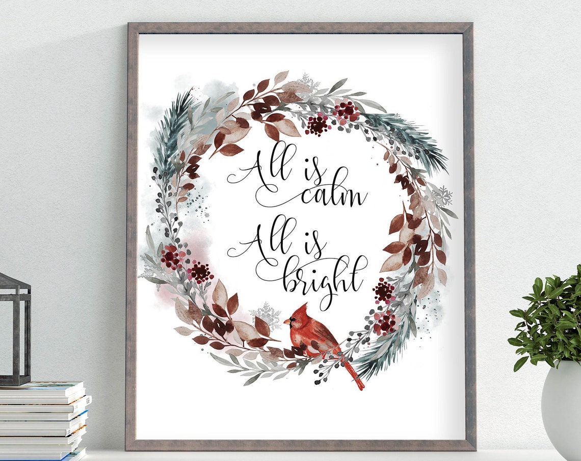 All Is Calm All Is Bright Christmas Wreath With Red Cardinal Poster