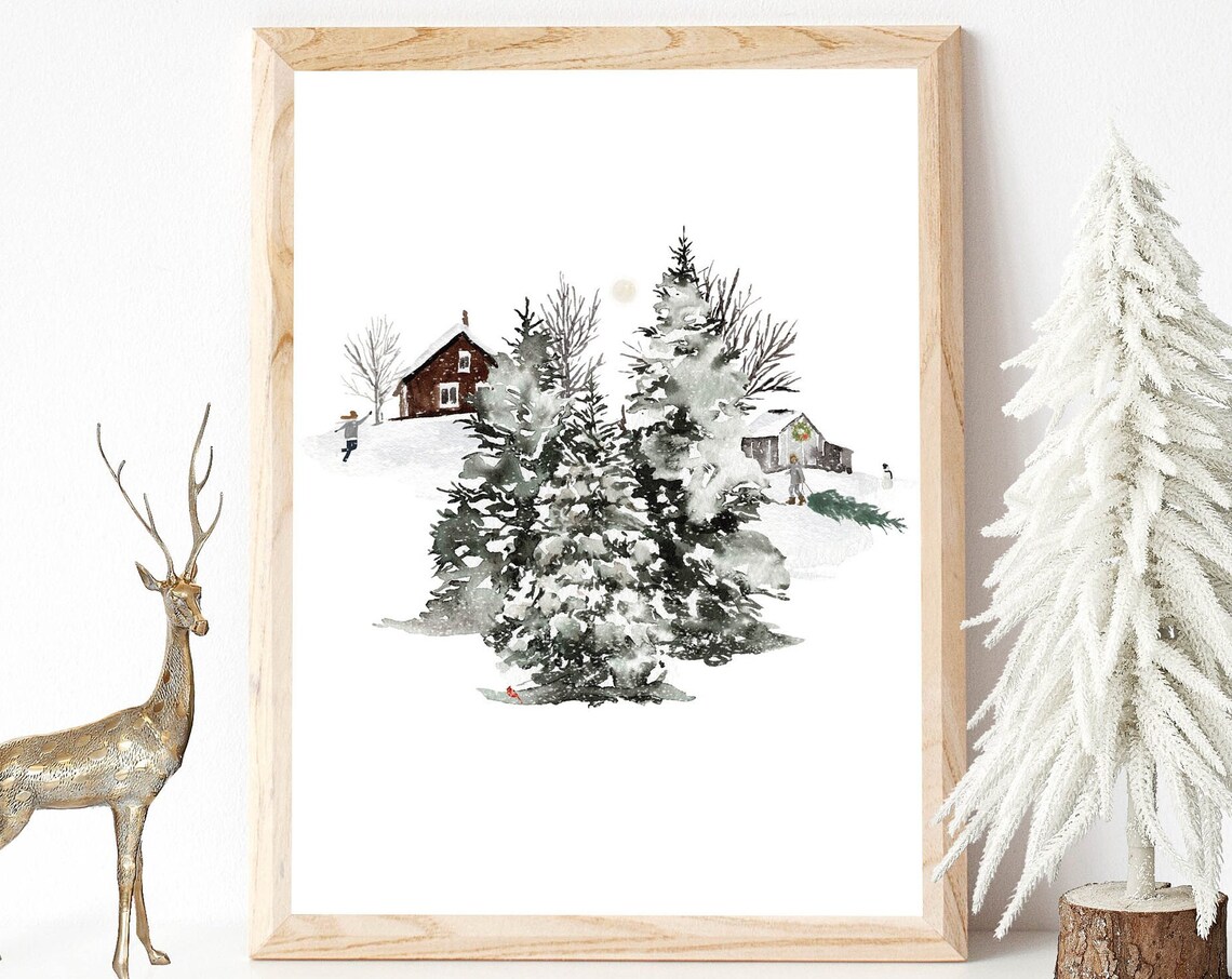 Country Christmas 5x7 8x10 11x14 16x20 18x24 Farmhouse Holiday Decor Watercolor Winter Print Christmas Snow Diy Decor