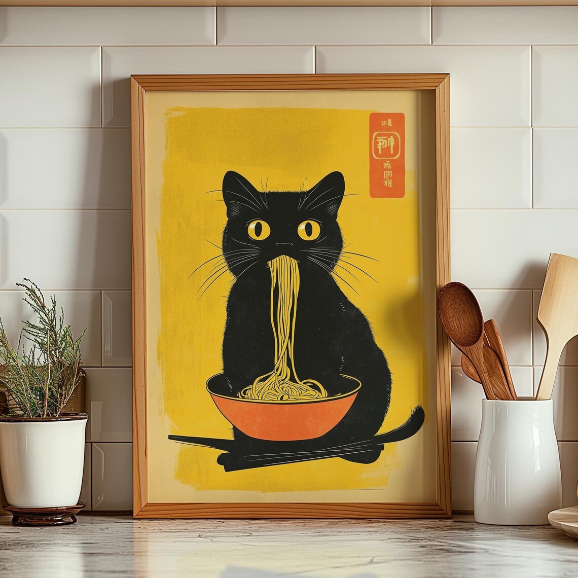 Quirky Cat Eating Ramen Art Print, Japanese Kitchen