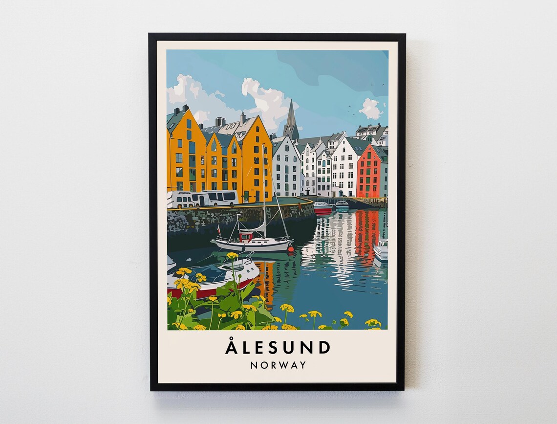 Alesund Norway Harbor Travel Poster Art Nouveau Waterfront Scene