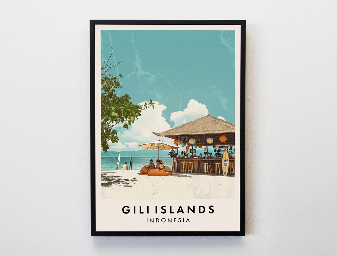 Gili Islands Indonesia Poster Beach Bar Surfboards Turquoise Sea Art