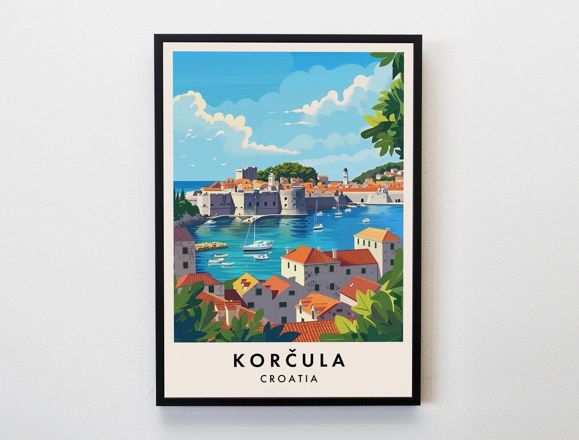 Korcula Croatia Island Old Town Harbor Scenic View Travel Poster