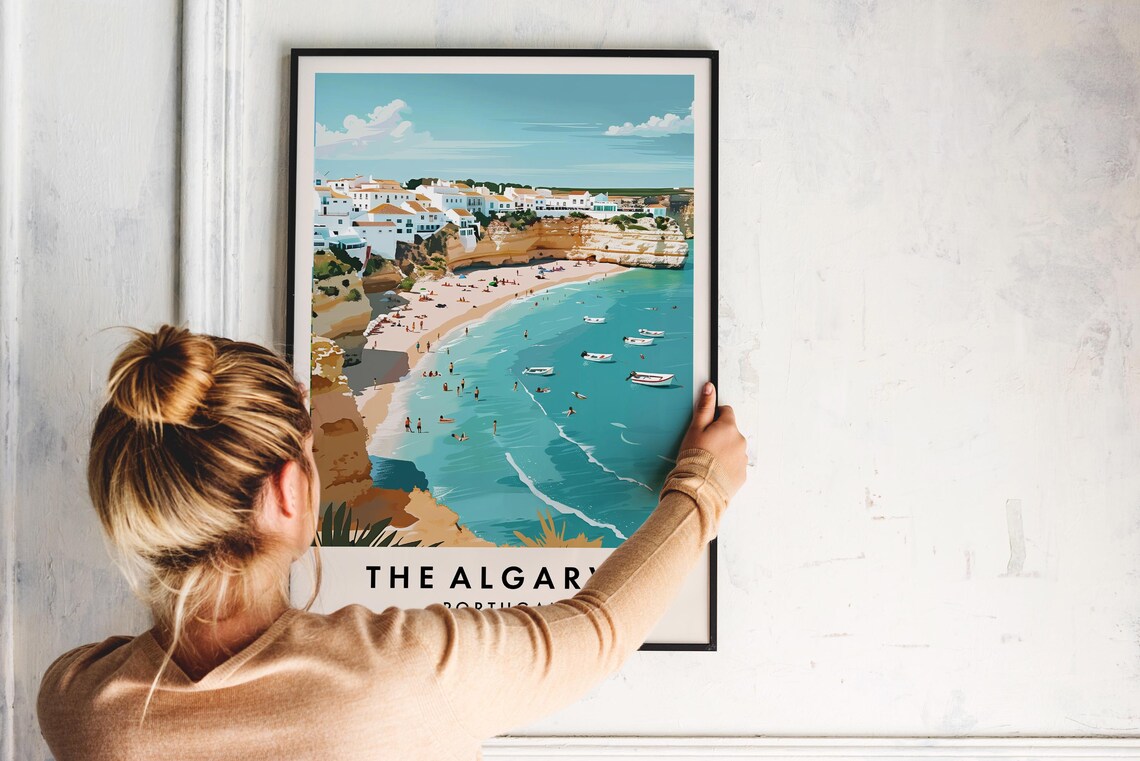 The Algarve Sandy Beach Cliff Top Village Turquoise Sea Travel Poster - Image 2