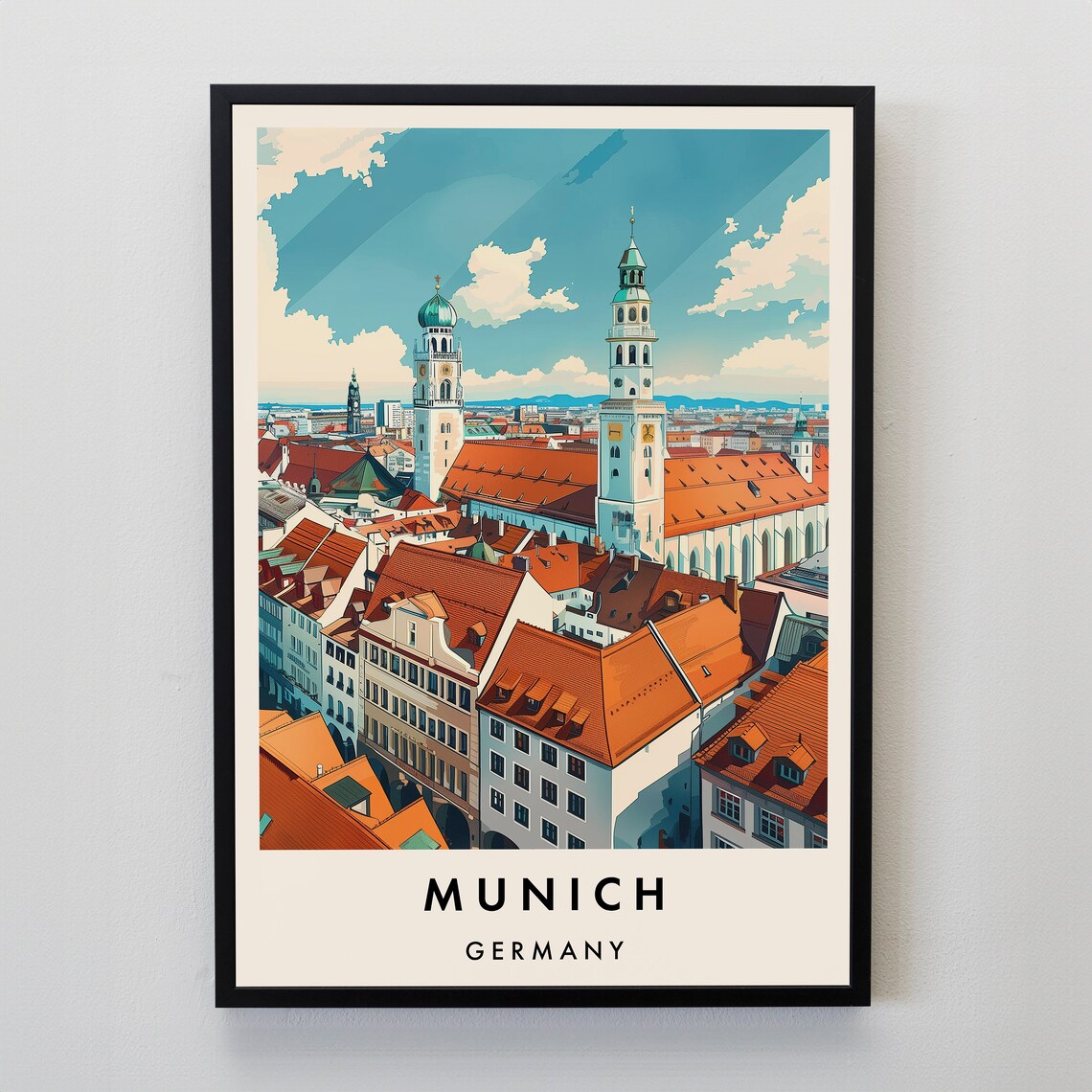 Munich Germany Old Town Red Rooftops Cityscape Travel Poster