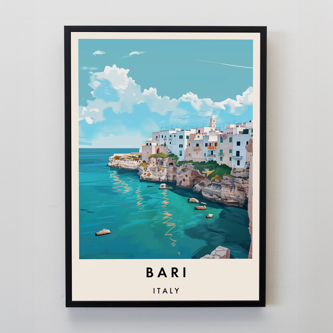 Bari Italy Vintage Travel Poster Cliffside Old Town Sea View