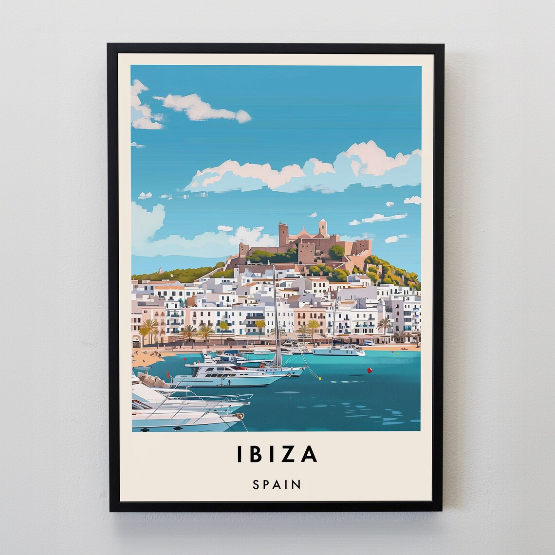 Ibiza Spain Vintage Travel Poster Dalt Vila Marina Harbor View