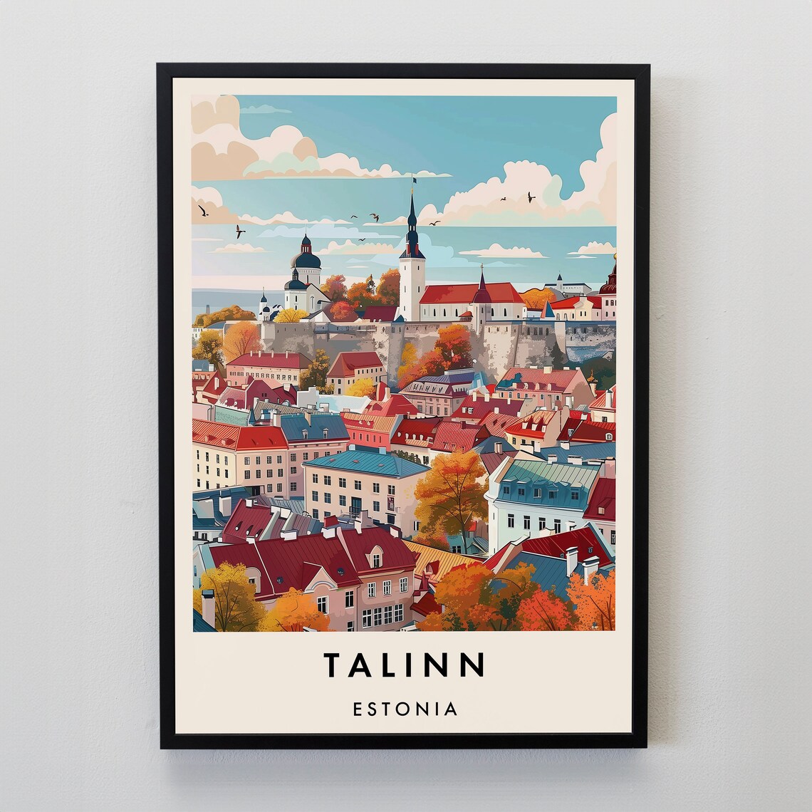 Tallinn Estonia Old Town Travel Poster With Autumn Rooftops and Spires