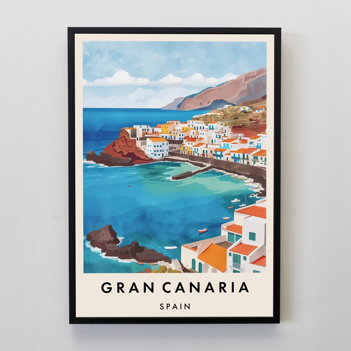 Gran Canaria Spain Coastal Town Bay Scenic Vintage Travel Poster