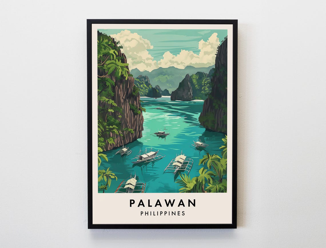 Palawan Philippines El Nido Lagoon Karst Cliffs Boat Scene Poster