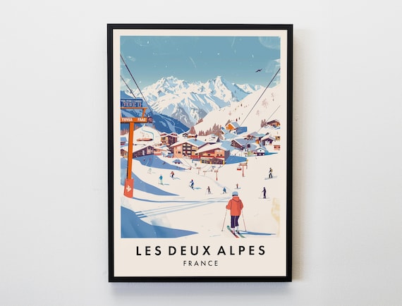 Les Deux Alpes France Ski Resort Travel Poster Alpine Slopes Illustration