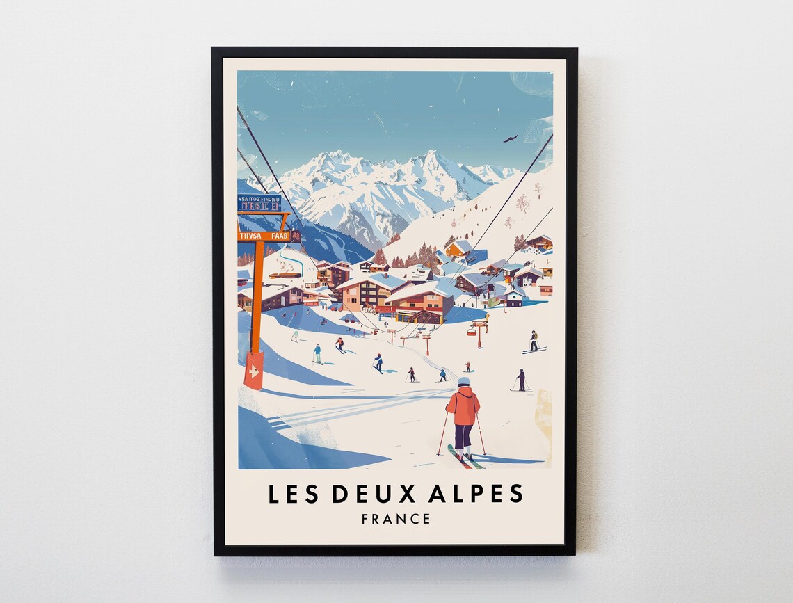 Les Deux Alpes France Ski Resort Travel Poster Alpine Slopes Illustration