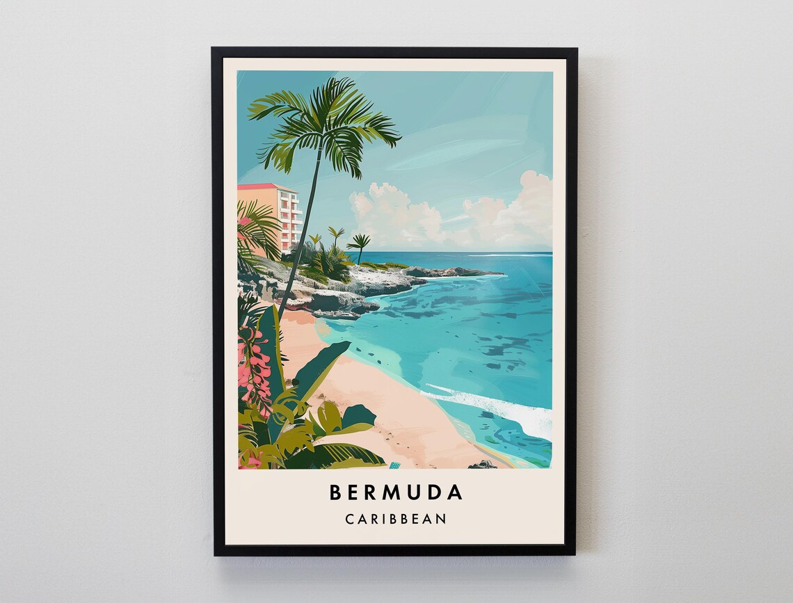Bermuda Caribbean Travel Poster Pink Sand Beach Palm Tropical Island Decor
