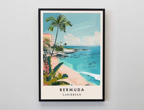 Bermuda Caribbean Travel Poster Pink Sand Beach Palm Tropical Island Decor